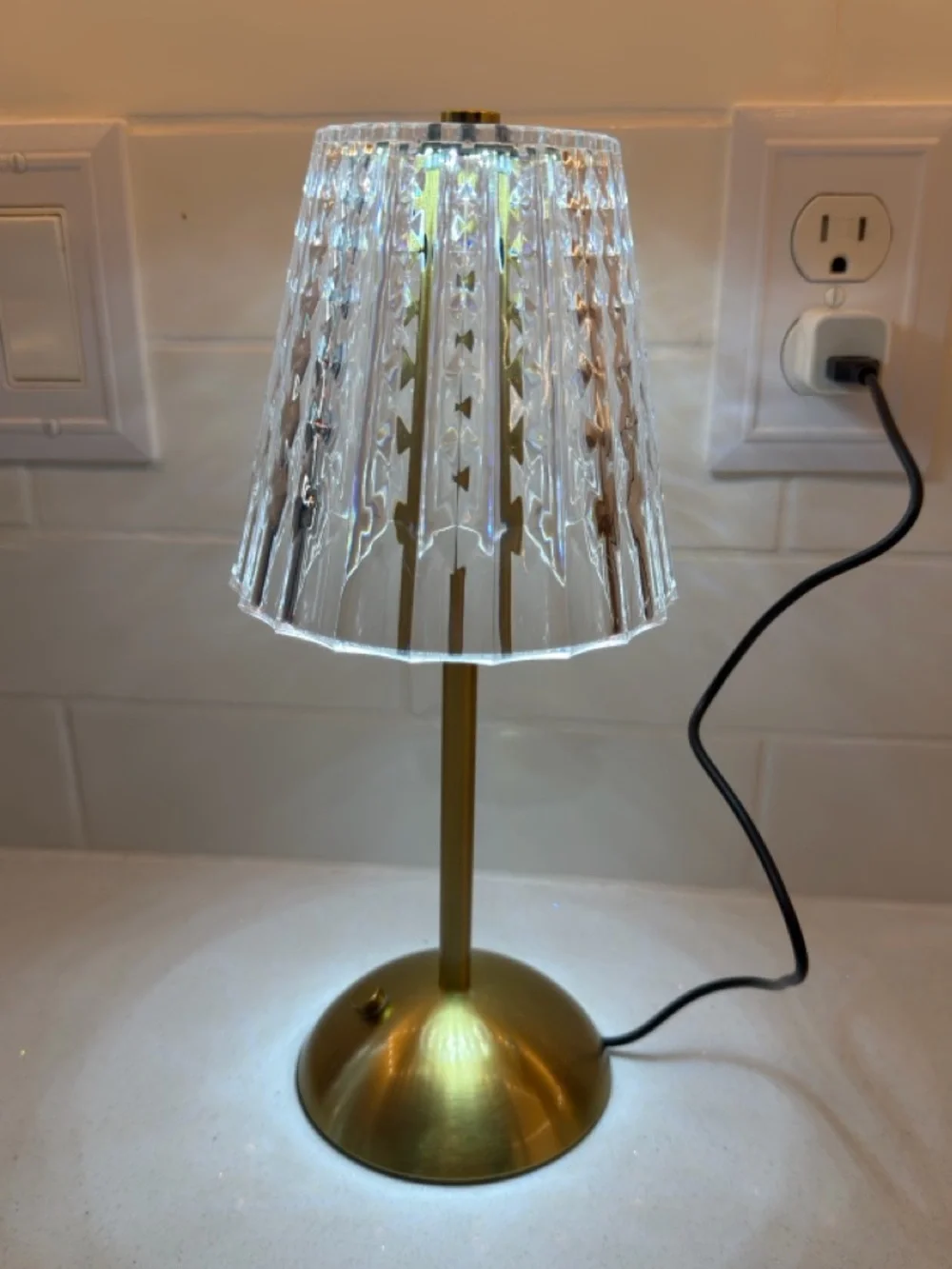 Brass Table Lamp with Clear Faceted Shade